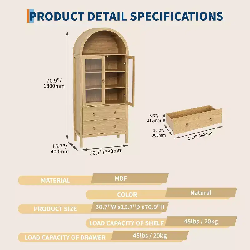 71 Display Arched Storage Cabinet, with Tempered Glass Doors, 2 Large Drawers, Adjustable Shelves, for Dining Room Kitchen- Natural