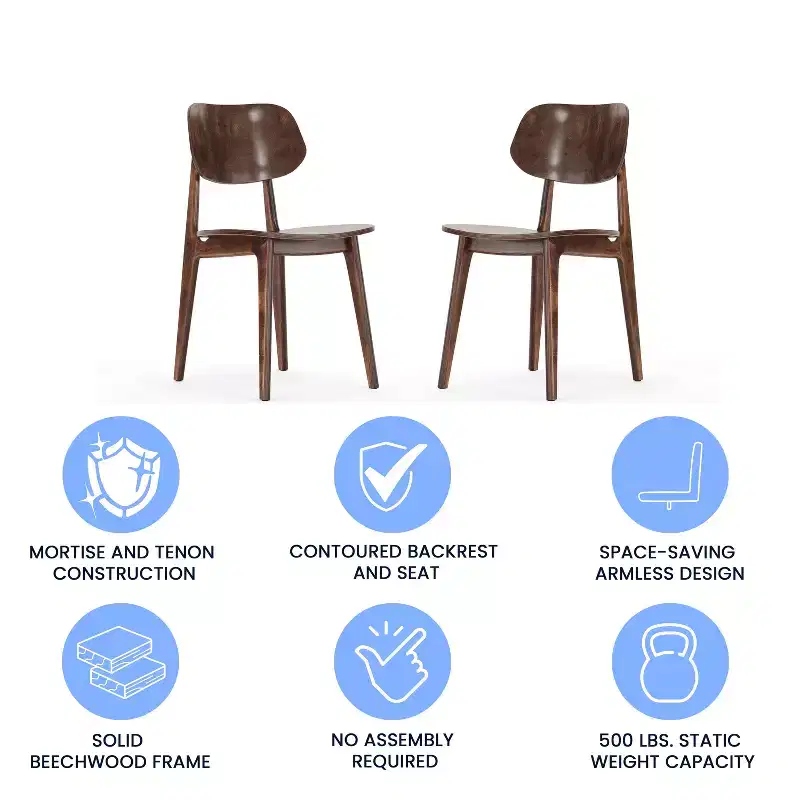 Emma and Oliver Set of 2 Solid Wood Dining Chairs with Curved Oval Backrests