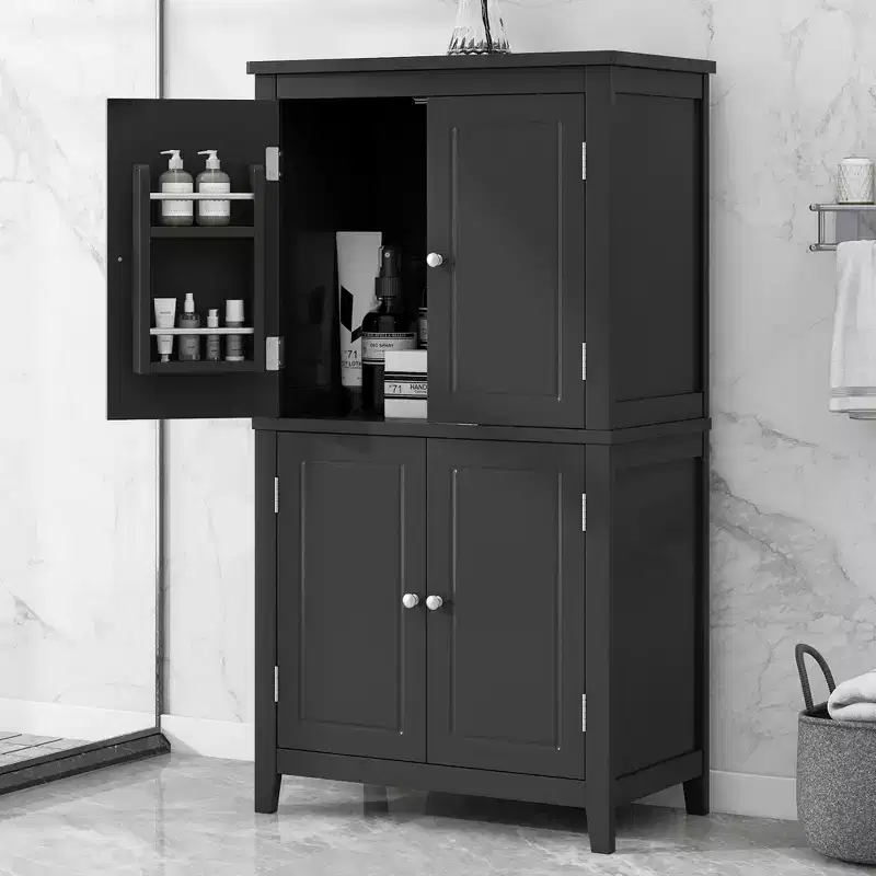 GDFStudio Nelly Space-Saving Bathroom Floor Storage Cabinet with Adjustable Shelves and Doors