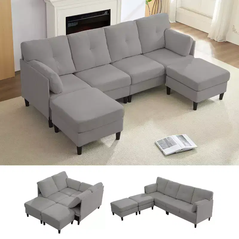 Mjkone Modular Convertible Sectional Sofa Couch, Upholstered Comfy Fabric 4-Seater Sofa with Movable Ottomans