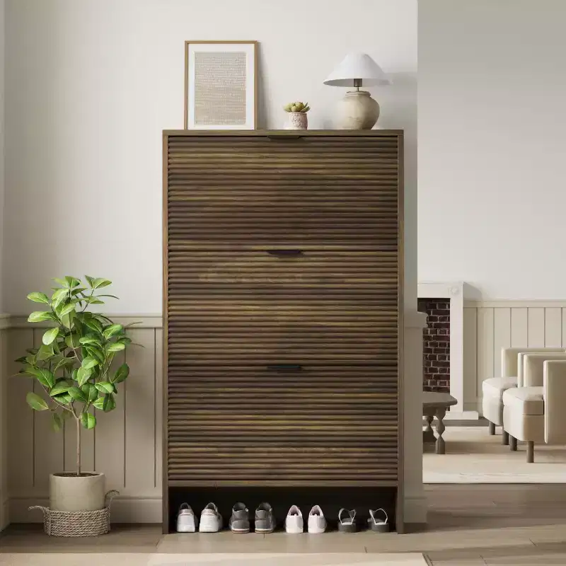 Tall Fluted Shoe Storage Cabinet w/ 3 Flip Drawers, 32 Wide Freestanding Hidden Shoe Organizer Rack for Narrow Entryway, Hallway & Closet
