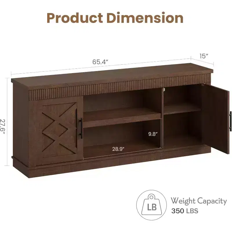 Farmhouse TV Stand for 70/75 in TVs, 65 in Long Entertainment Center w/ 2 Door &Open Storage Shelf, Rustic Fluted Television Consoles Stands