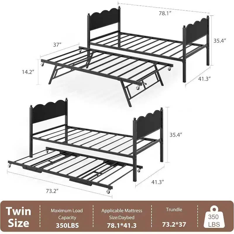 Twin Size Daybed with Trundle, Metal Frame with Wavy Wood Grain Headboard, Lockable Casters, Space-Saving Sofa Bed, No Box Spring Needed