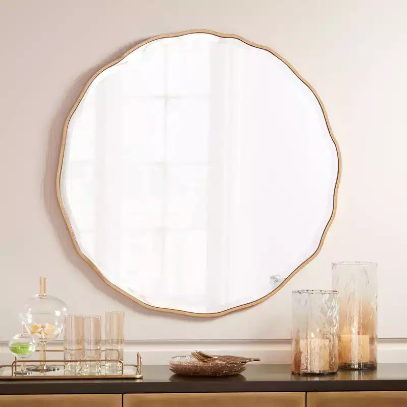 Noble Park Lissa Round Vanity Decorative Wall Mirror Modern Beveled Edge Gold Waved Wood Frame31 1/2 Wide for Bathroom Bedroom Living Room Home House