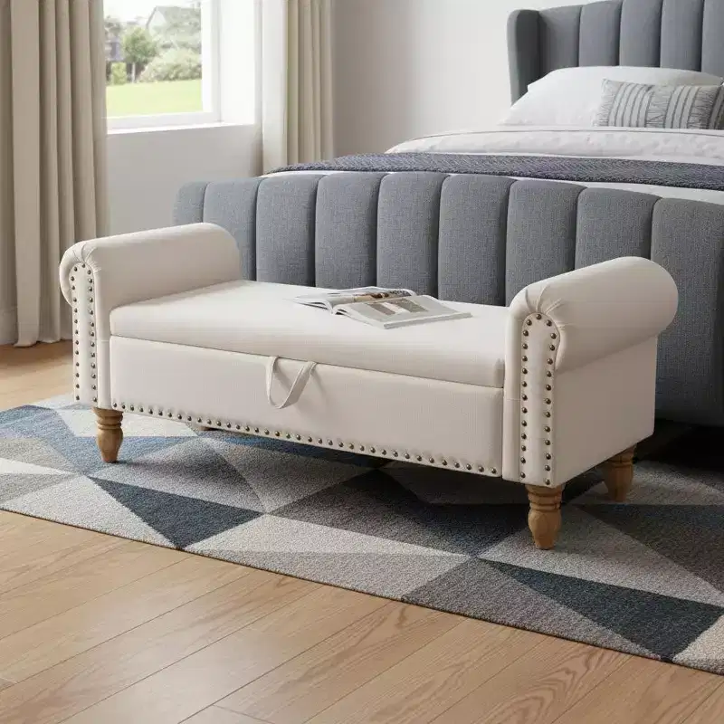 55 Beige and Brown Linen and Solid Wood Upholstered Storage Bench With Flip Top