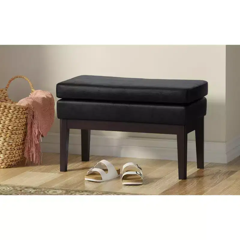 Bragg 27 inch Wide Mid Century Small Ottoman Bench in Distressed Black Vegan Faux Leather