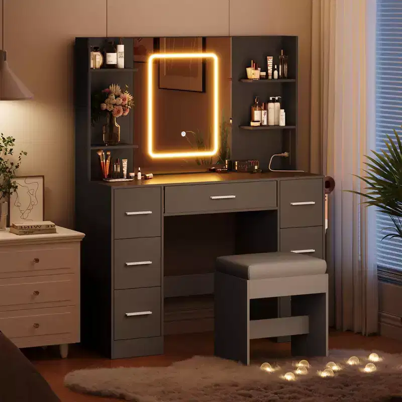7-Drawer Makeup Vanity Desk with Mirror, Lights, Hair Dryer Holder & Cushioned Stool for Bedroom