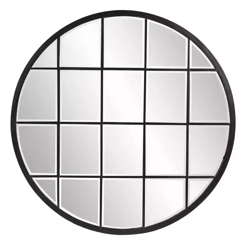 Howard Elliott 36"x36" Round Wall Mirror with Metal Windowpane Frame: Oil Rubbed Bronze, Beveled Glass, No Assembly Required