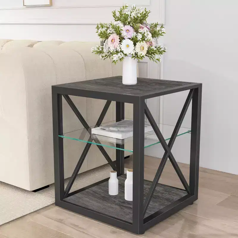 Modern End Table with Metal Frame, Industrial Side Table with Tempered Glass Shelf, Couch Table for Living Room, Bedroom