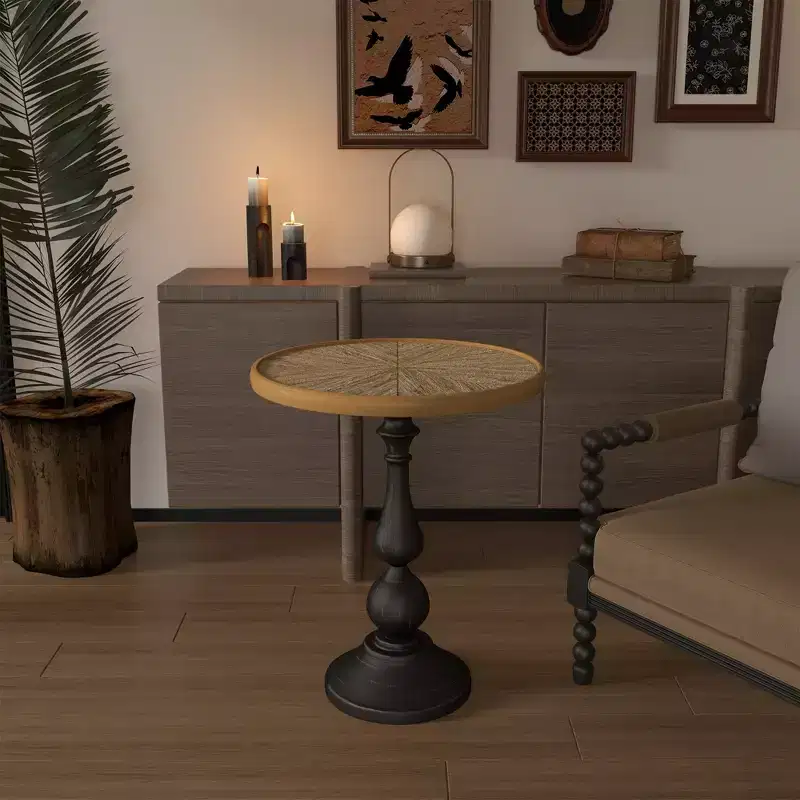 VIYET 23 Retro Round Wooden End Table - French Country Metal Pedestal, Natural Wood
