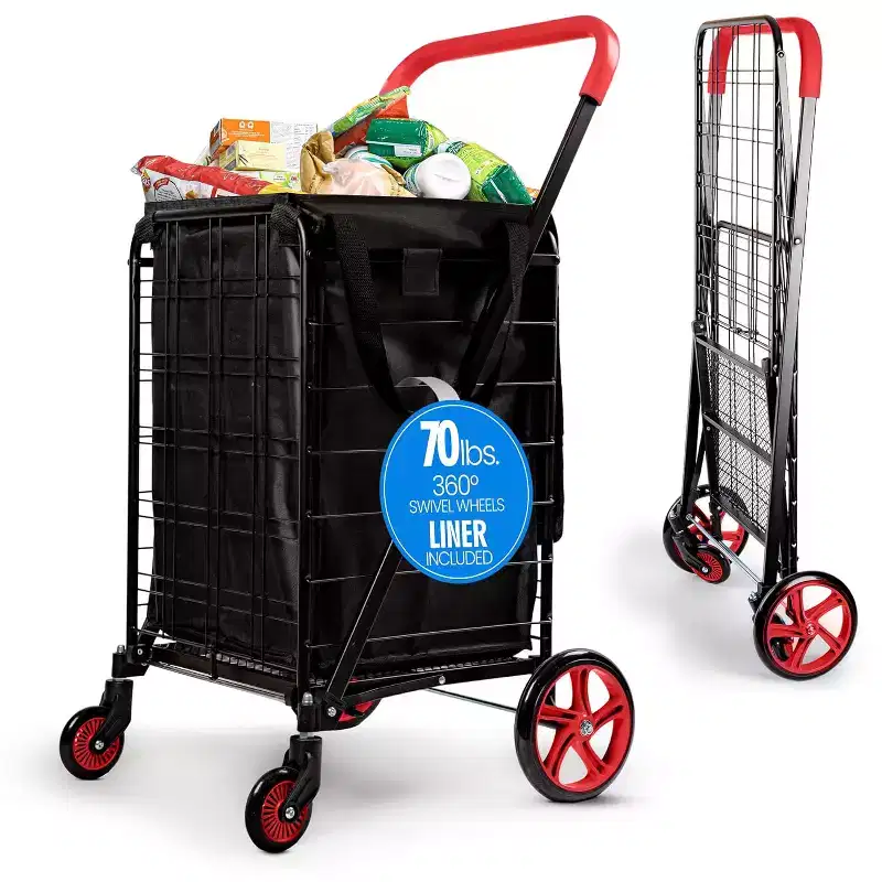 SereneLife Small Foldable Shopping Cart with Removable Cart Liner - 360 Rolling Swivel Wheels, 70 lbs Weight Capacity