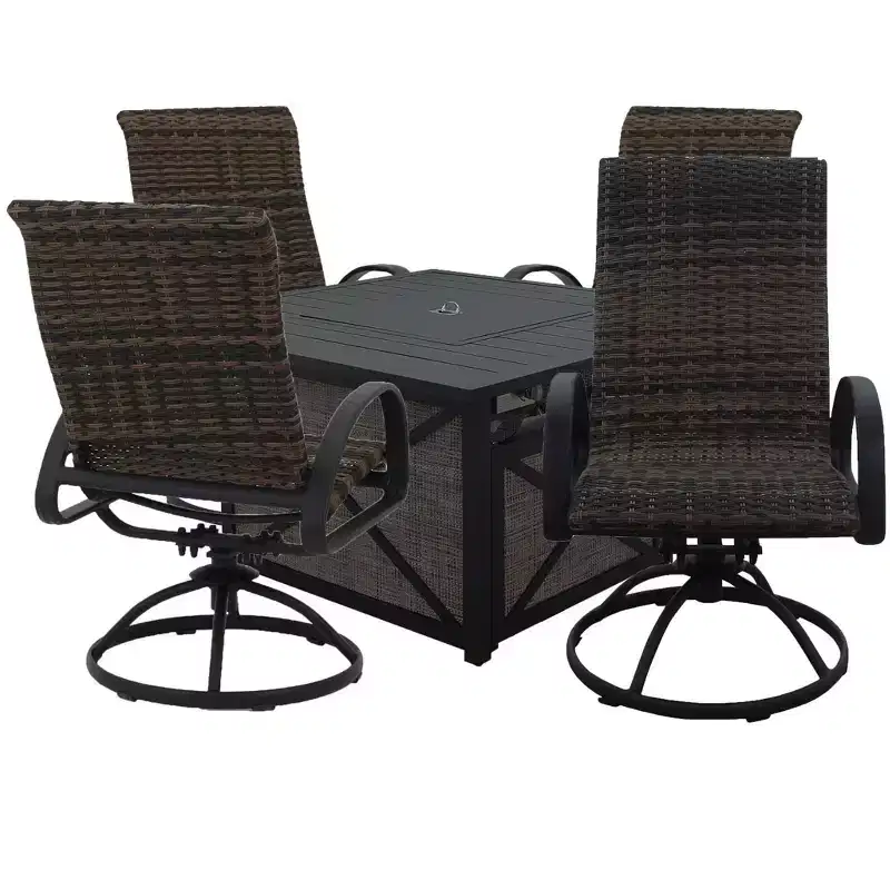 Courtyard Casual Santa Fe 5 pc Square Fire Pit Set with Wicker Swivel Rockers Includes One Square Fire Pit and Four Swivel Rockers with Wicker Seats