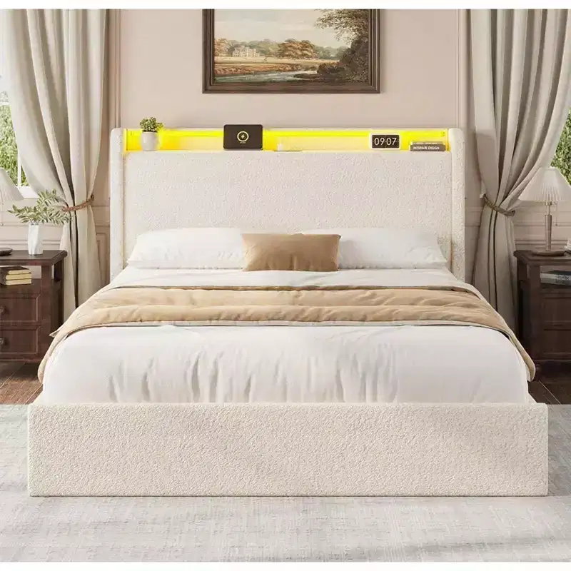 Full Bed Frame,Charging Station & LED Lights,Upholstered Platform Bed Frame,4 Storage Drawers,Solid Wood Slats Support,No Box Spring Needed