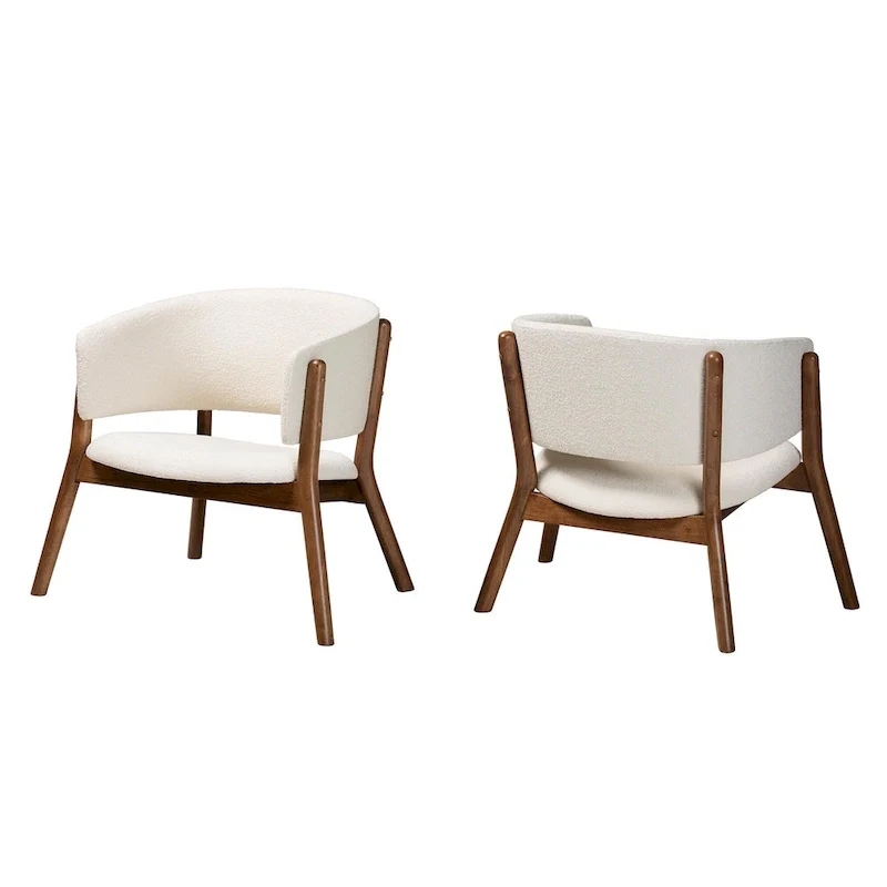 Baron Mid-Century Modern Cream Boucle Fabric Upholstered and Walnut Brown Finished Wood 2-Piece Living Room Accent Chair Set