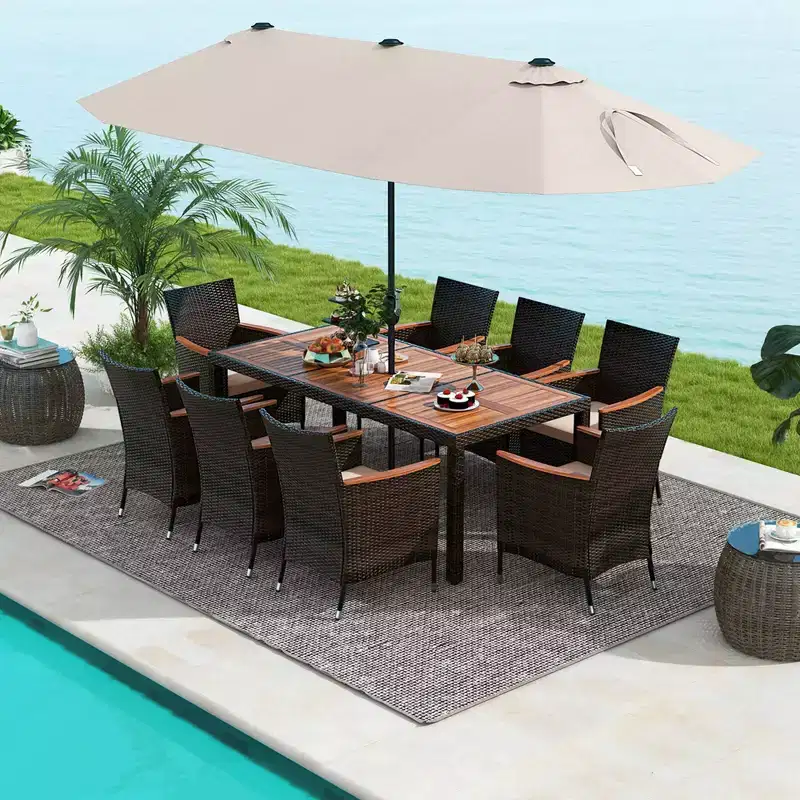 Costway 11 PCS Patio Dining Set with 15ft Double-Sided Patio Umbrella (Base Included) Beige/Coffee/Navy/Orange/Wine/Grey