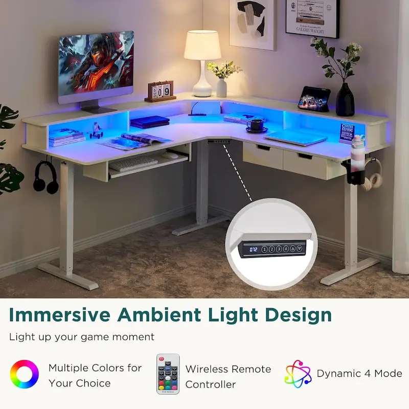 L-Shaped Electric Standing Desk, Height Adjustable, RGB LED, Carbon Fiber Black / Dark Rustic Oak / Antique White, 1-Person
