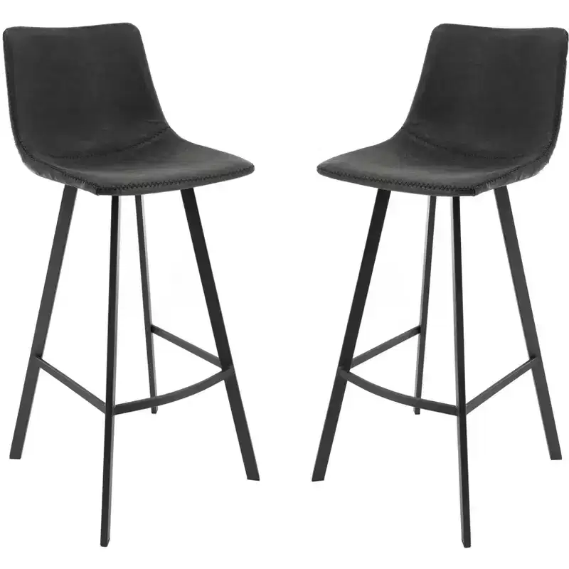 LeisureMod Elland Bar Stool in Leather Upholstery - Modern Counter Height Stool with Iron Legs and Footrest for Kitchen, Bar, and Pub, Set of 2