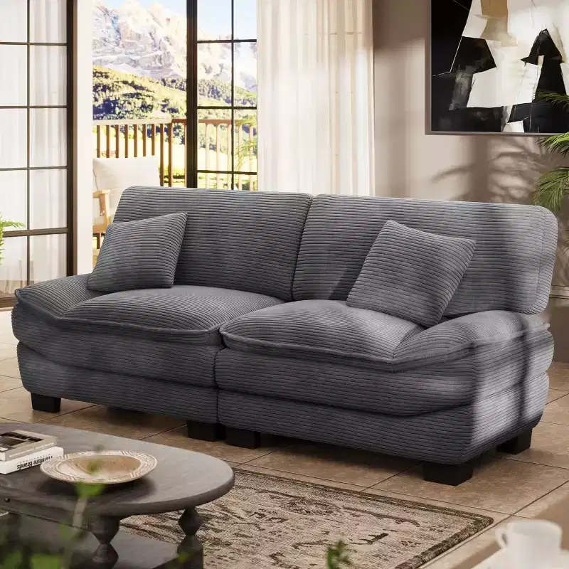 Grey 87 Corduroy Couch with 2 Pillows, Sailboat-Shape Deep Seat Sofa for Living Room, Small Space, Office, Apartment-Morden Fort