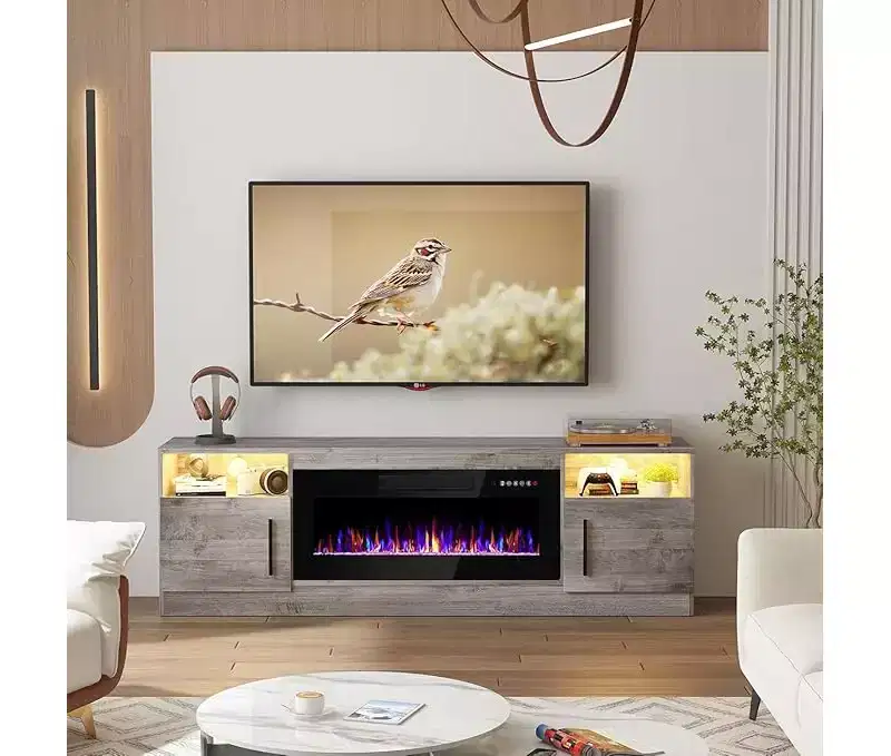 TV Stand with LED Light (Up to 75 TVs), 70 Modern Wood Media TV Console with Storage Cabinet for Living Room (Fireplace Not Included)
