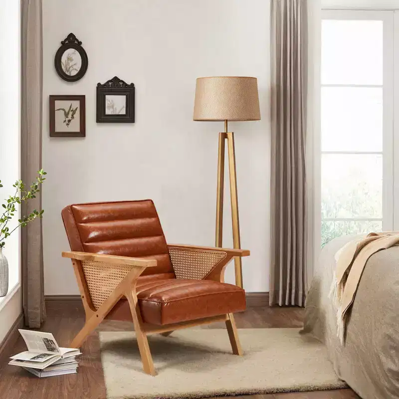 Modern Leather Accent Chair Natural Rattan Upholstered Armchair With Solid Wood Frame