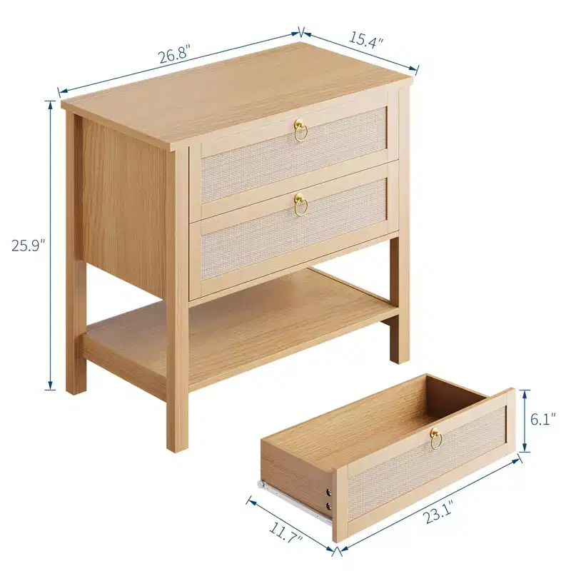 Rattan nightstand, modern style bedside table with 2 drawers, with open storage shelf, suitable for bedroom living room, cherry wood, 2 sets