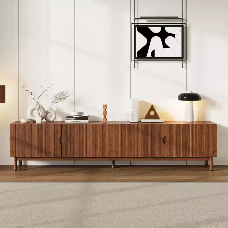 87-Inch TV Stand for TVs up to 90 Inches, Media Console with 4 Cabinets, Solid Wood Legs & Vertical Groove Panel