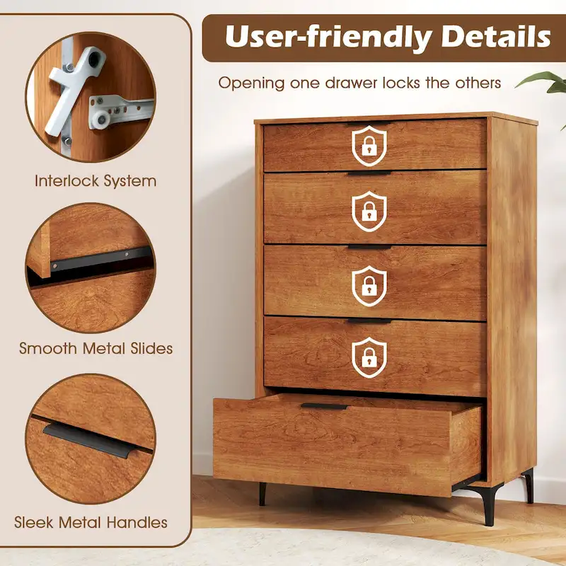 5-Drawer Dresser w/ Interlock System Metal Support Legs &