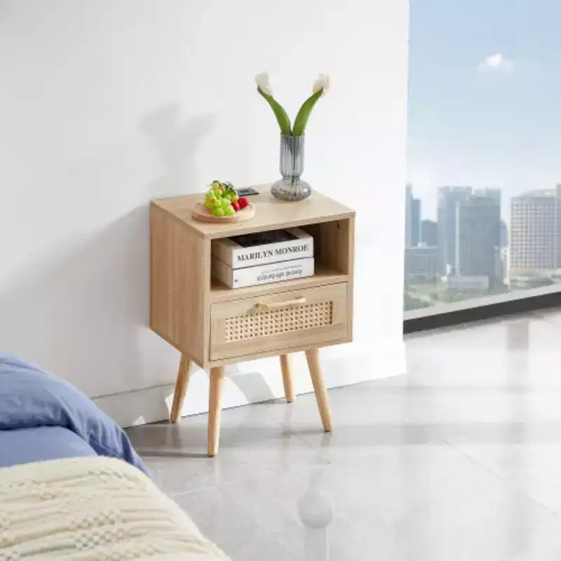 15.75 Rattan End table with Power Outlet & USB Ports , Modern nightstand with drawer and solid wood legs, side table for living room, bedroom,natural