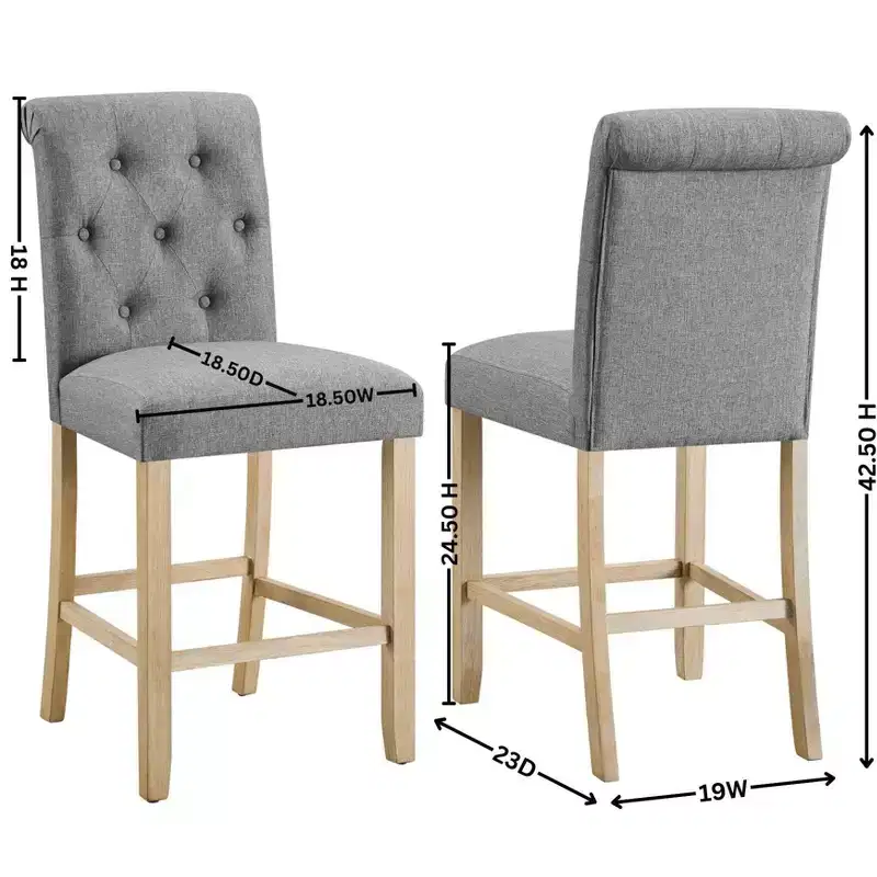 Roundhill Furniture Siena Counter Height Button Tufted Back Solid Wood Stools, Gray, Set of 2