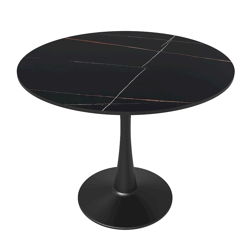 35in Round Dining Table with Sintered Stone Tabletop, Black Steel Pedestal Base, Scratch-Resistant