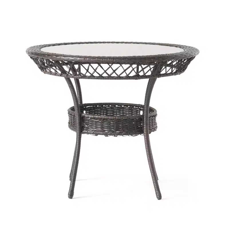 GDFStudio Syros Outdoor Wicker and Tempered Glass Round Dining Table