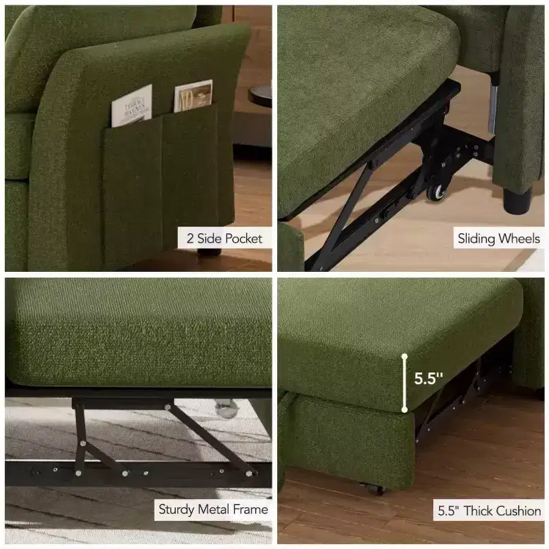 51 Inch 3-in-1 Pull-Out Sleeper Sofa Bed, Convertible Loveseat with Reclining Adjustable Backrest, Chenille Upholstered Couch, Side Pocket
