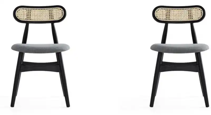 of 2 Colbert Grey Upholstered Dining Chairs - Black & Cane