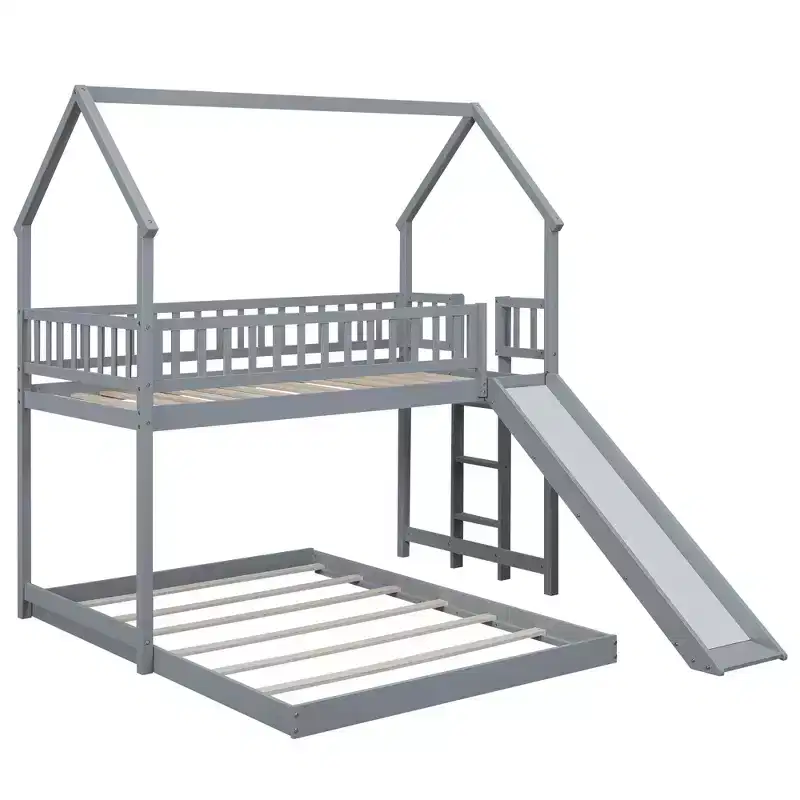 Whisen House Roof Design Twin over Full House Bunk Bed with Slide and Built-in Ladder