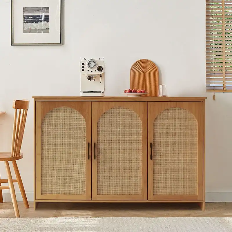VEIKOUS 3-Door Natural Rattan Bamboo Sideboard Buffet Kitchen Storage Cabinet