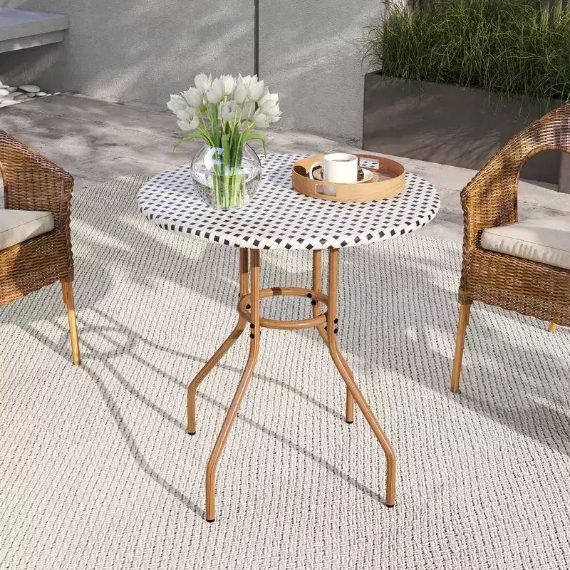 Costway 27.5 Outdoor Bistro Table PE Rattan Round Patio Side Table w/ Heavy Duty Metal Frame