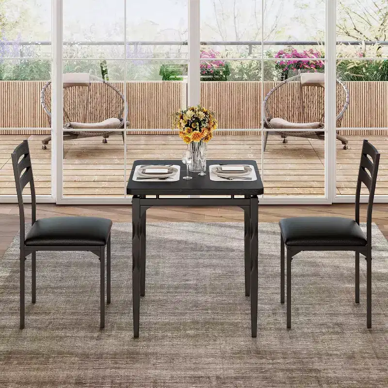 Dining Table, 3 Piece Dining Table Set for 2, Table Set with Spiral Table Legs, Space Saving and Modern Design for Dining Room, Apartment, Black