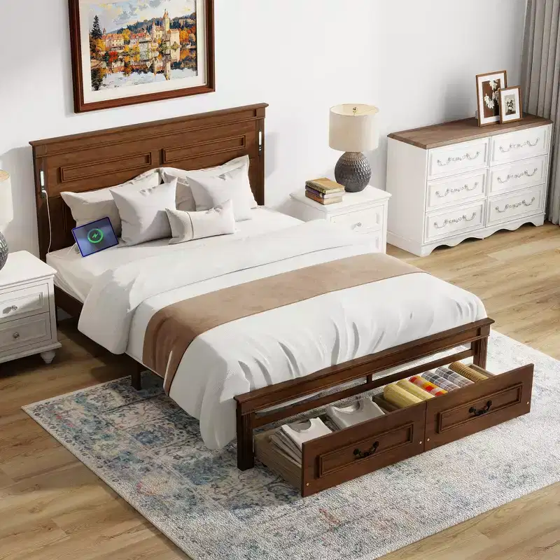 ModernLuxe Queen/King Size Platform Bed with Tall Headboard, Rustic Wood Bed Frame with 2 Drawers, LED Lights & USB Ports