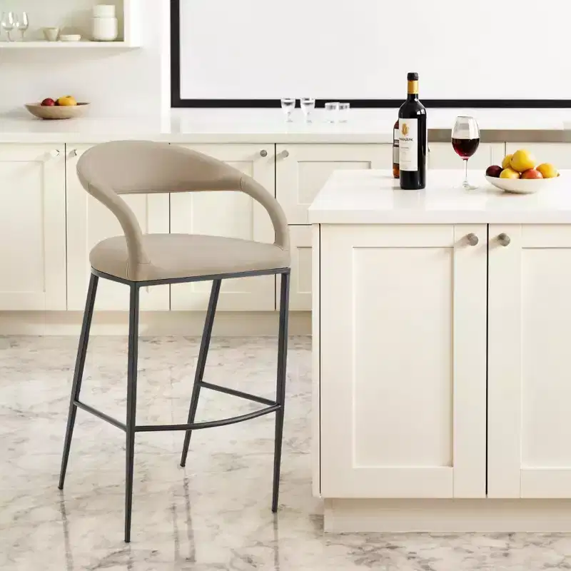 30 Beige and Black Faux Leather and Iron Low Back Bar Height Bar Chair