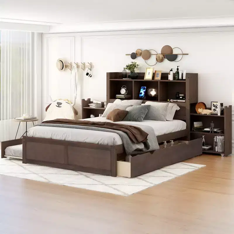 Full Size Storage Platform Bed with Twin Size Trundle, Pull Out Shelves and 2 Drawers