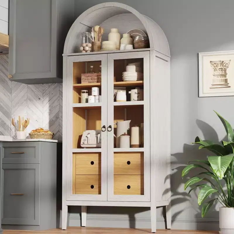 AMERLIFE 71 Tall Arched Storage Cabinet with Glass Doors & Drawers for Living Room