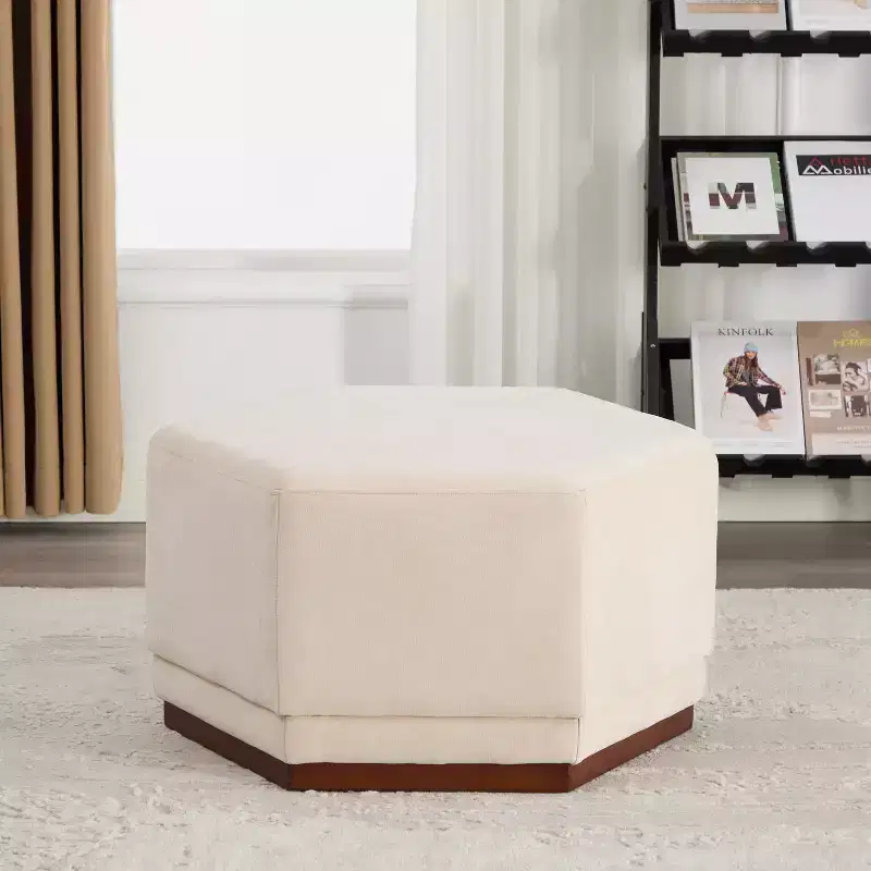 Hexagon Upholstered Ottoman - Beige/Walnut, Light Gray/Walnut - Seats 1