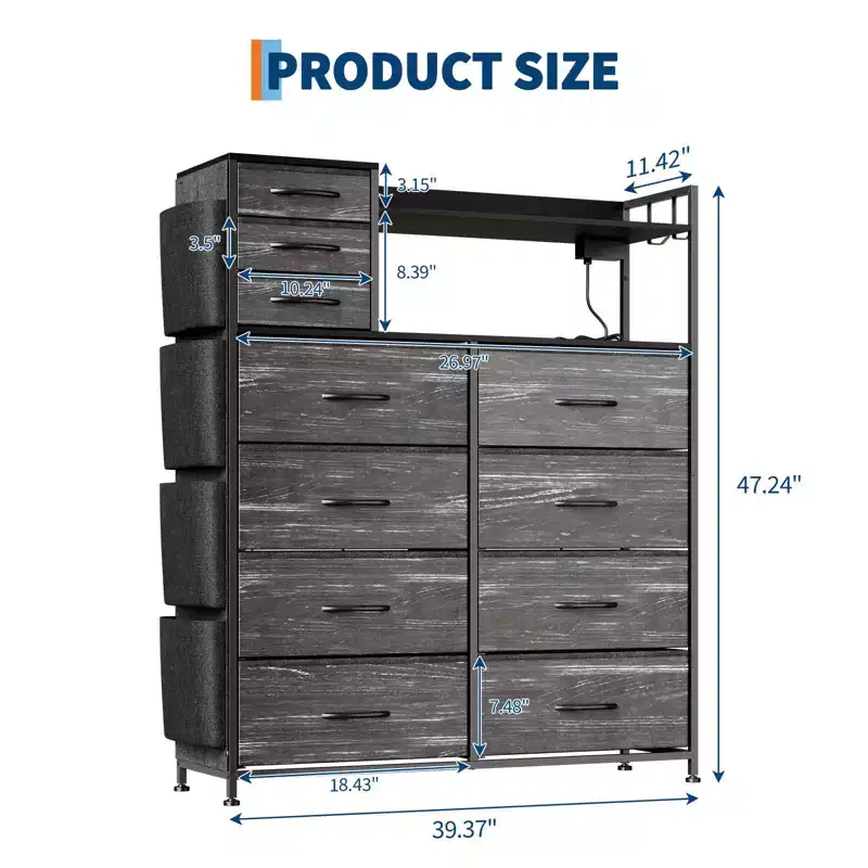 Fabric 11-Drawer Dresser with Charging Station & LED Lights
