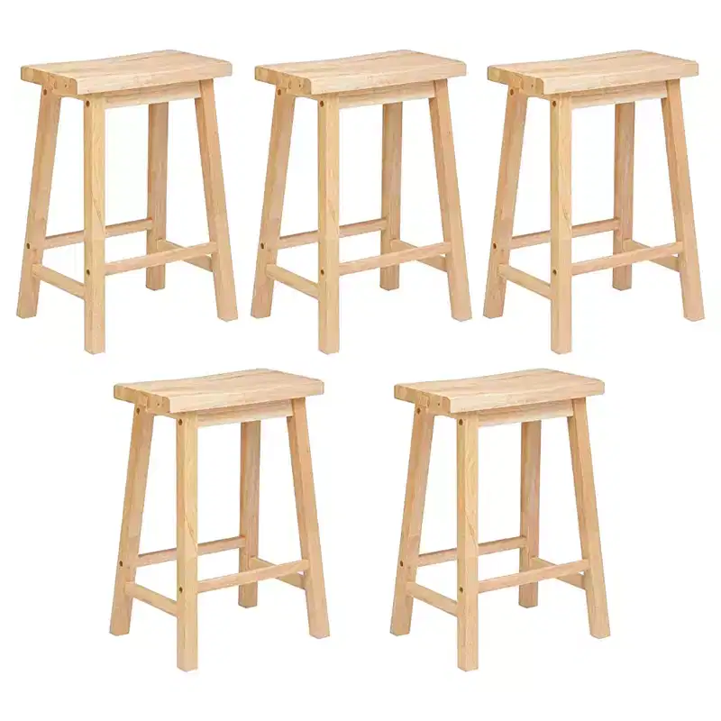 PJ Wood Classic Saddle-Seat 29 Tall Kitchen Counter Stool for Homes, Dining Spaces, and Bars w/Backless Seat, 4 Square Legs, Natural (5 Pack)