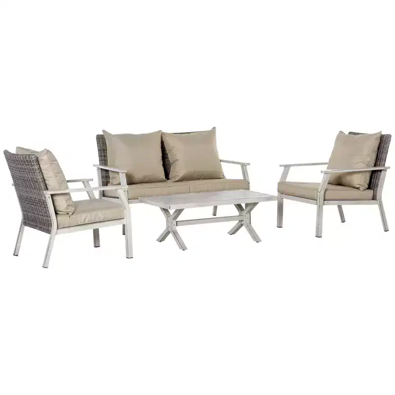 4 Pieces Patio Furniture Set with Cushions, Outdoor Wicker Conversation Sofa Sets, Aluminum Frame Sofa Sets for Backyard, Poolside, Garden