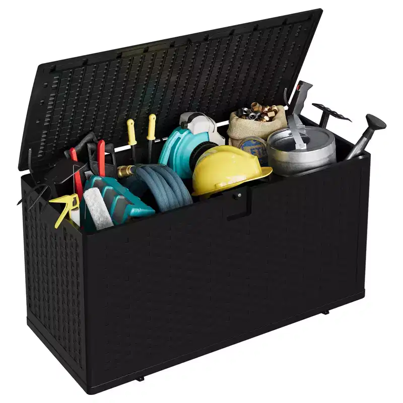 Large Outdoor Waterproof Resin Deck Storage Box  80-120 Gallon Lockable Organizer for Patio Cushions, Tools, Pool Gear  Brown or Black Rattan Look