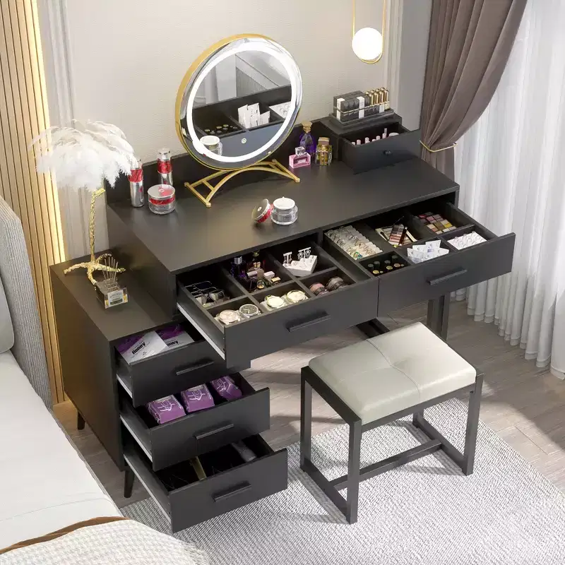 Vanity Desk with Stool and LED Mirror, Makeup Table with Wood Drawers