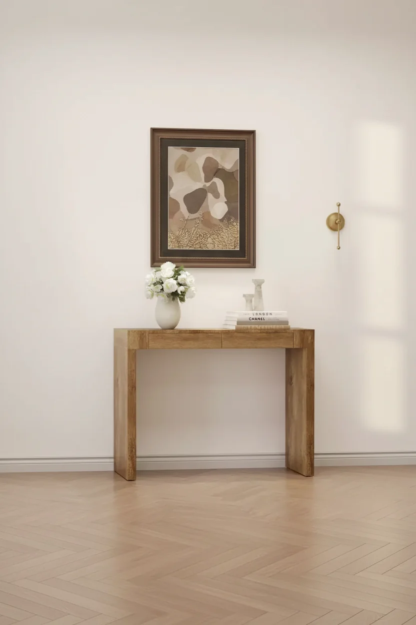 Elegant Wood Grain Texture Veneer Console Table with 2 Drawers, Farmhouse Sofa Table for Living Room & Hallway