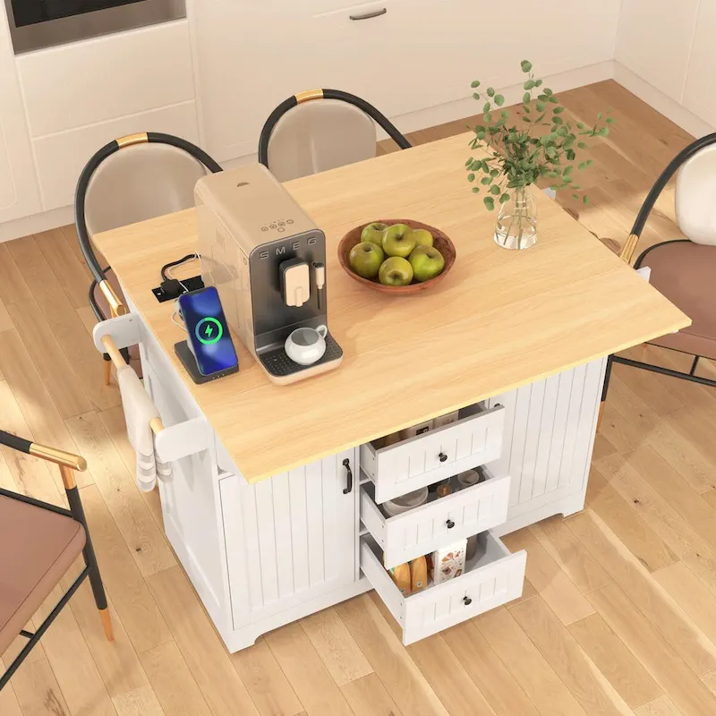 55.7 Kitchen Island with Drop Leaves, Rolling Cart with Power Outlet, Spice Rack, and 3 Drawers