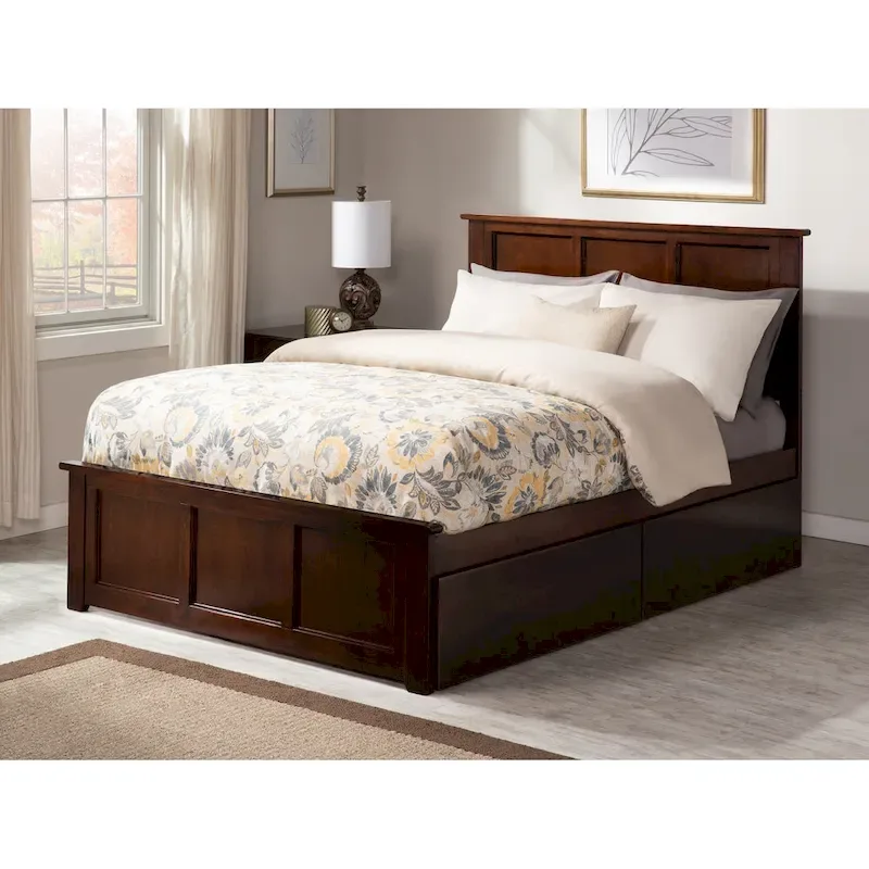 Full Platform Bed with 2 Storage Drawers in Walnut